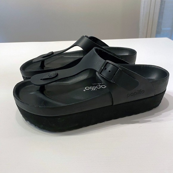 New Birkenstock Papillio Gizeh Flex Black Leather Platform Sandals US Size 7 - Picture 1 of 10